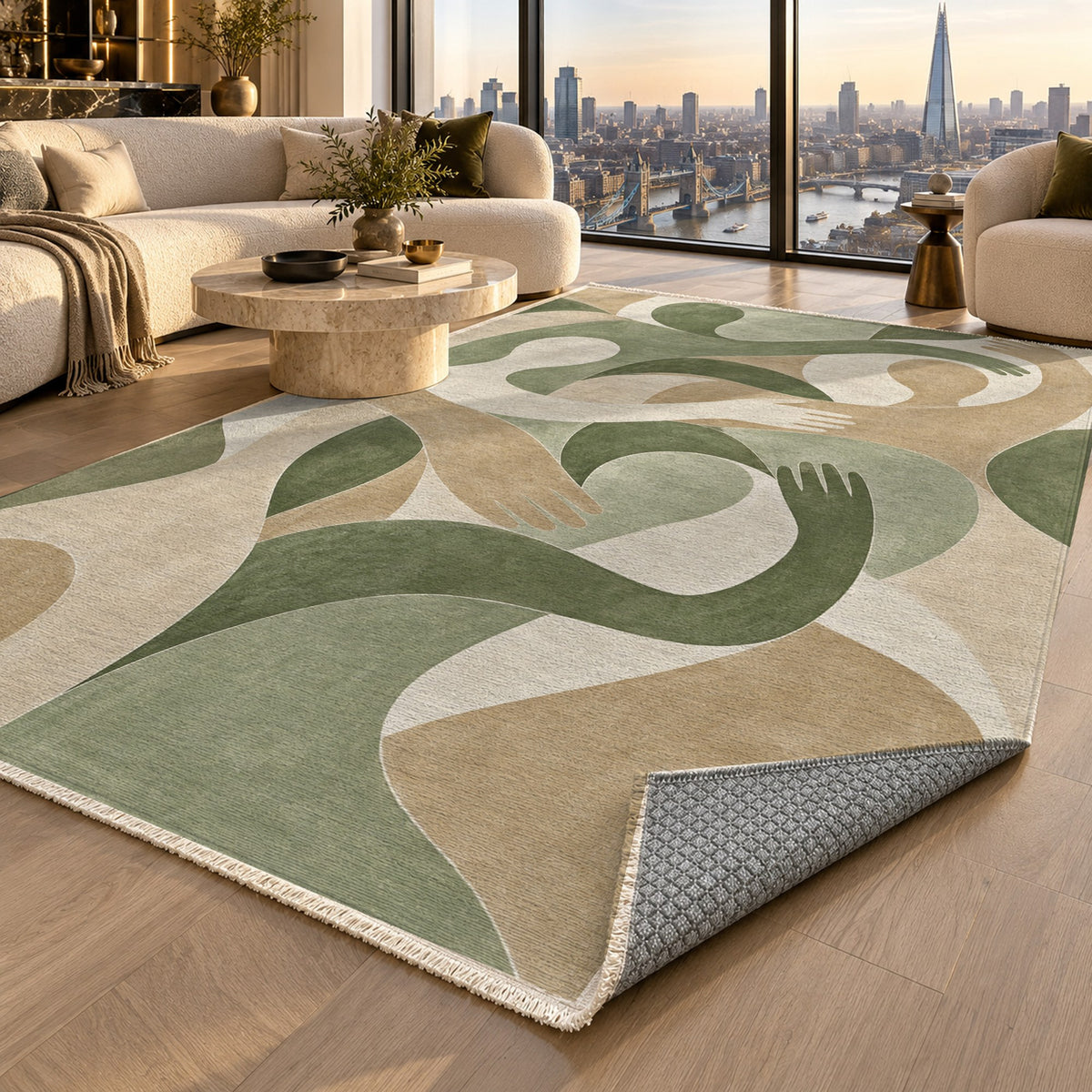 Shared Gestures Sage Abstract Washable Rug — london luxury living