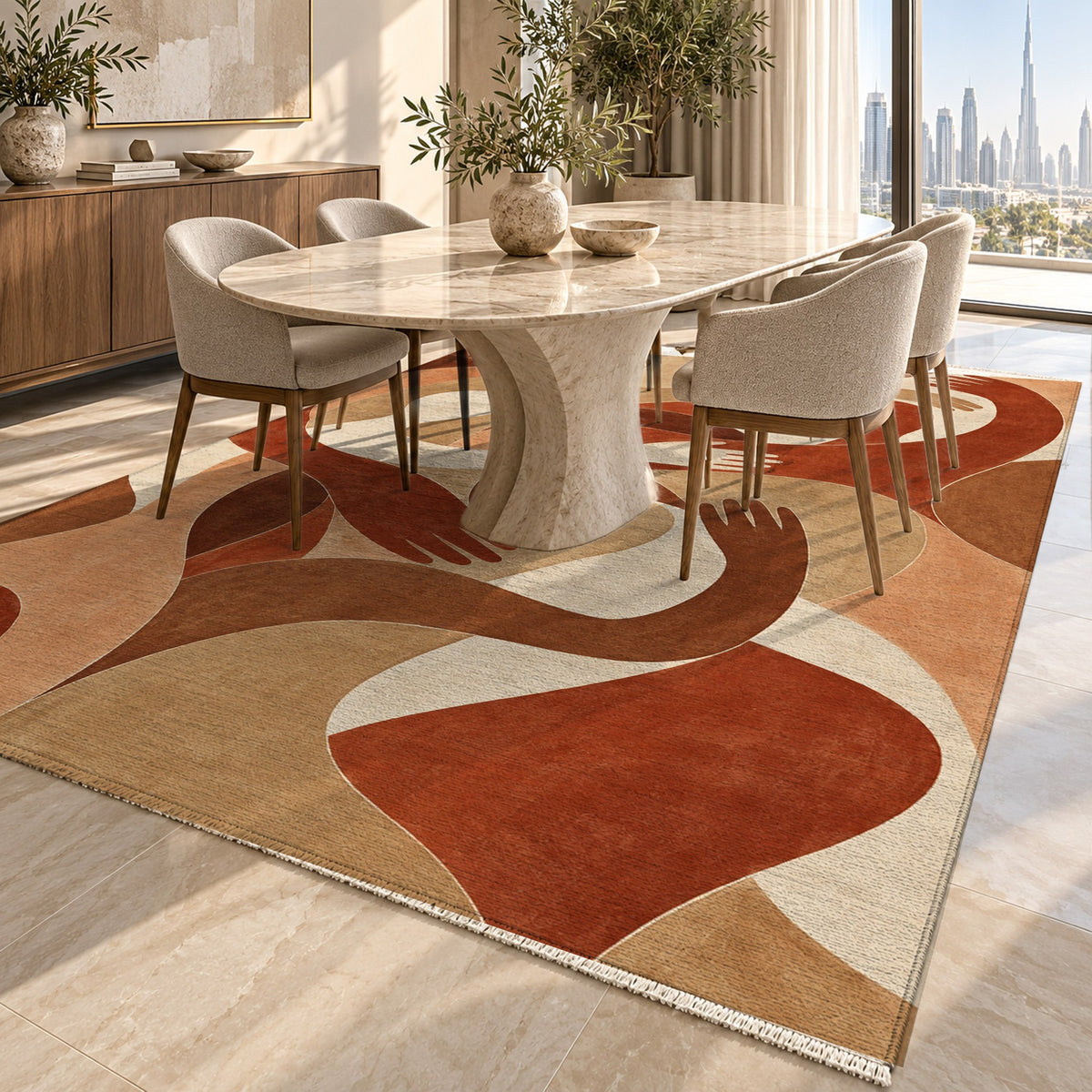 Shared Gestures Terracotta Abstract Washable Rug — dubai dining