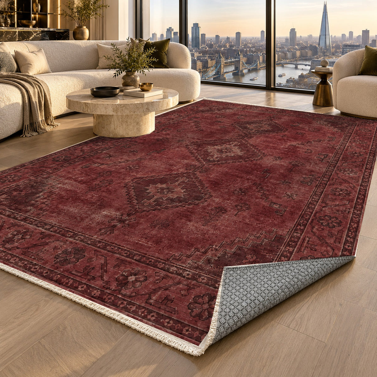 Shiraz Echo Burgundy Red Vintage Washable Rug — london luxury living
