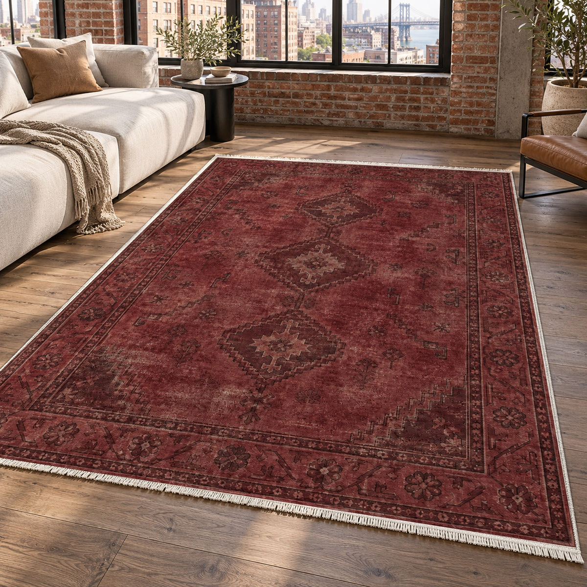 Shiraz Echo Burgundy Red Vintage Washable Rug — new york living