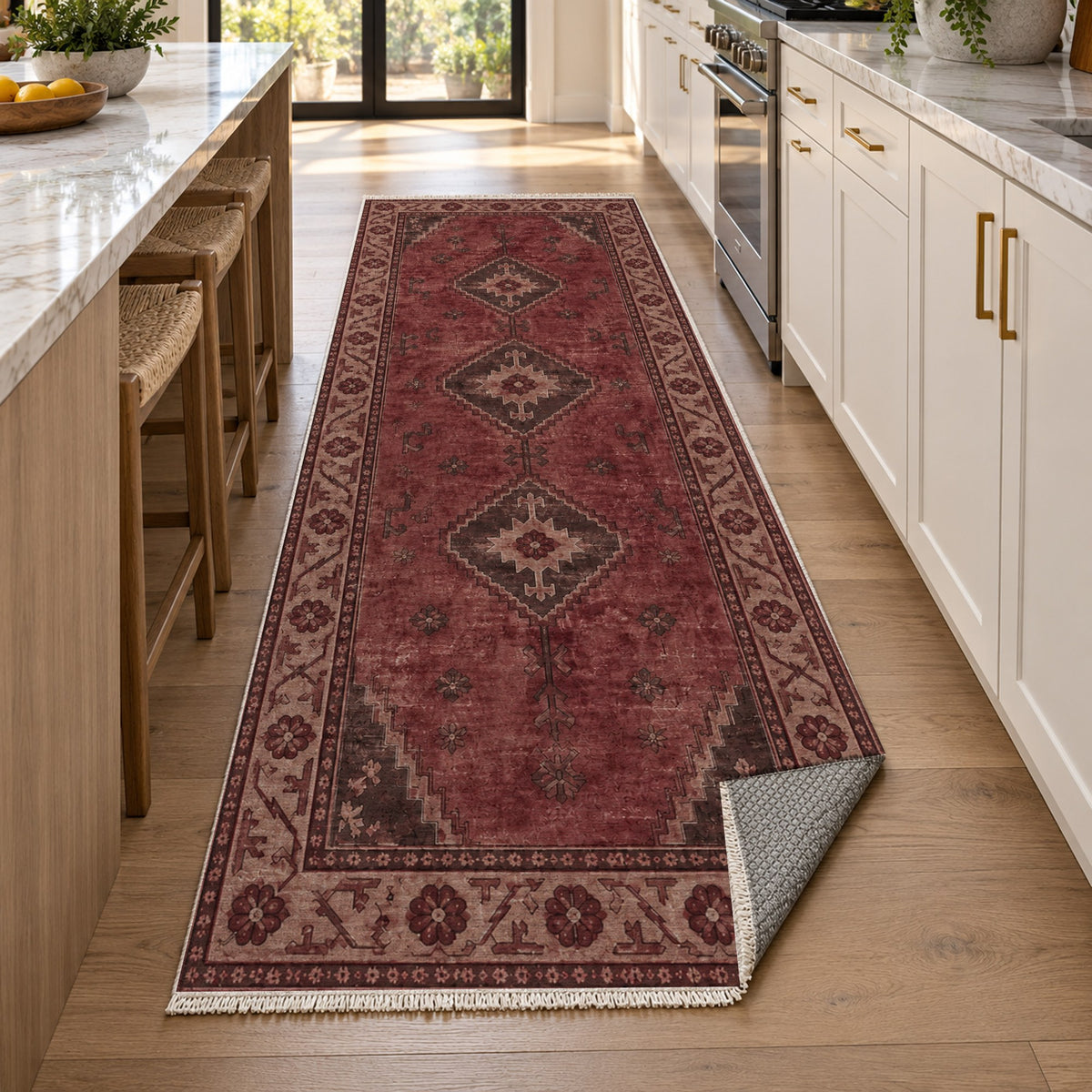 Shiraz Echo Burgundy Red Vintage Washable Rug — new york kitchen runner
