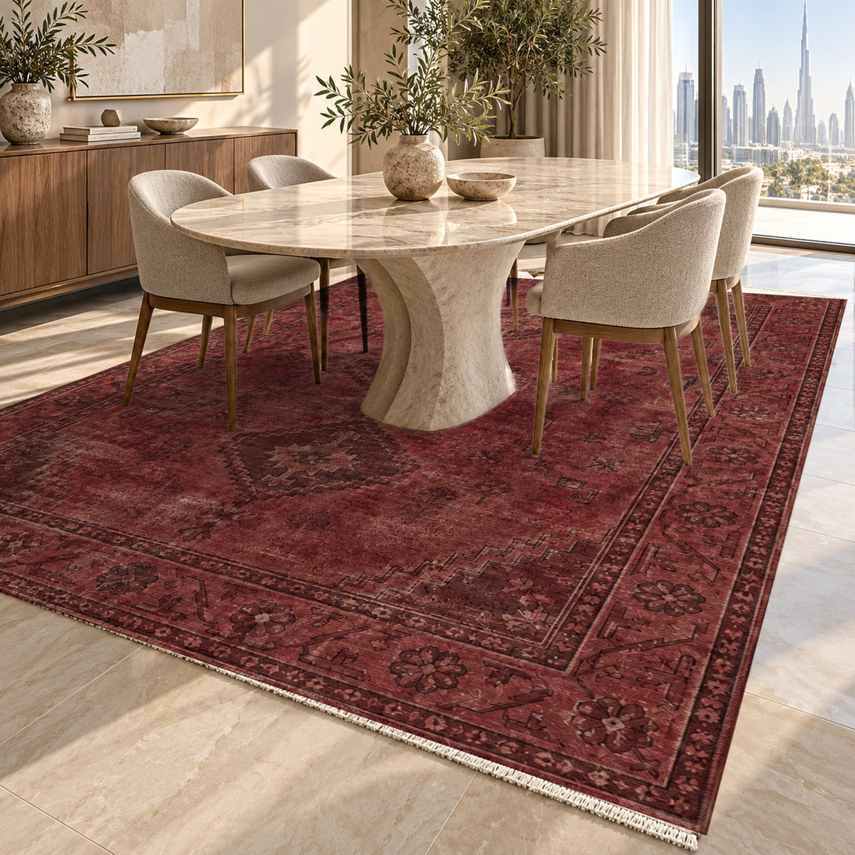 Shiraz Echo Burgundy Red Vintage Washable Rug — dubai dining
