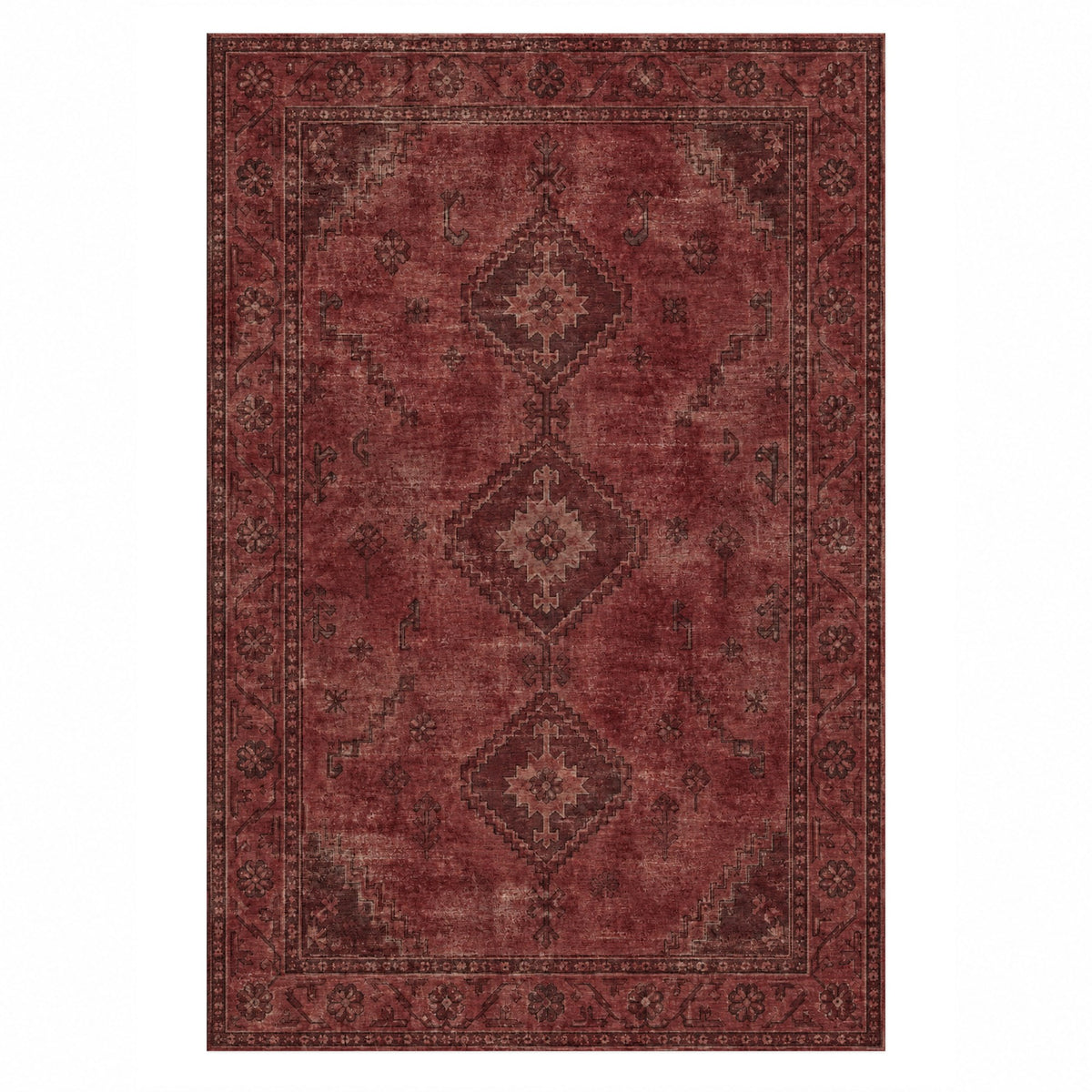 Shiraz Echo Burgundy Red Vintage Washable Rug — top view