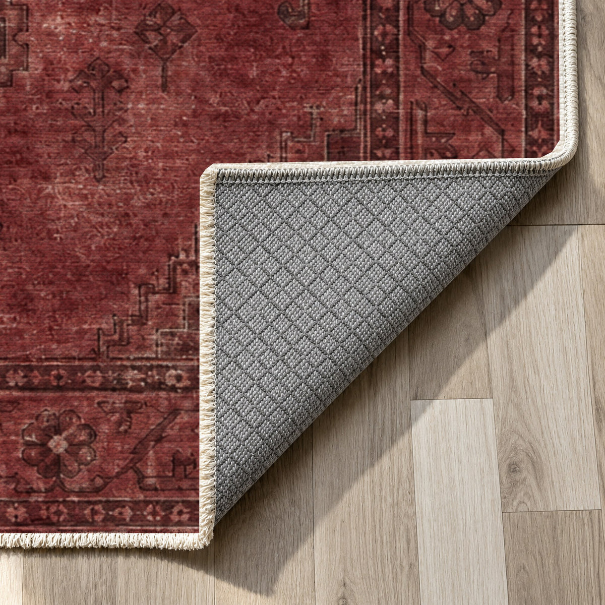 Shiraz Echo Burgundy Red Vintage Washable Rug — backing close up