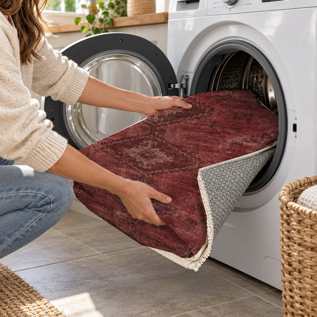 Shiraz Echo Burgundy Red Vintage Washable Rug — washing machine