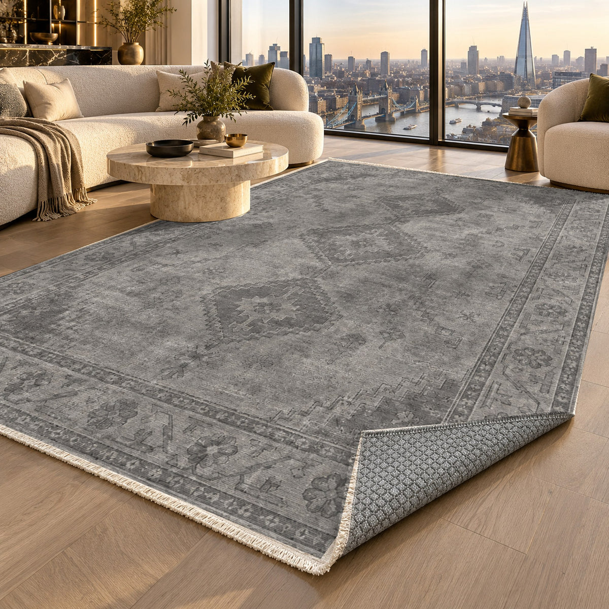 Shiraz Echo Charcoal Silver Vintage Washable Rug — london luxury living