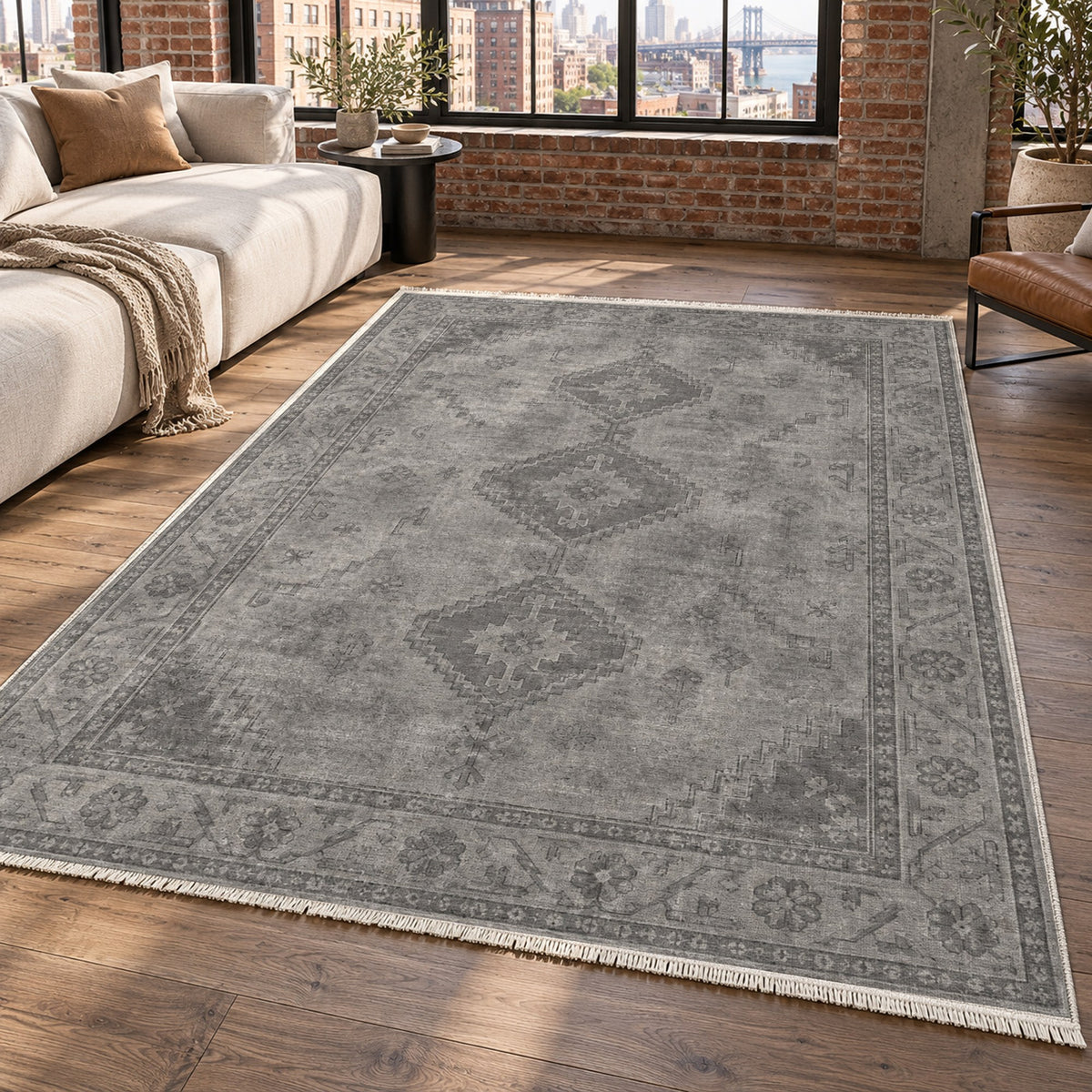 Shiraz Echo Charcoal Silver Vintage Washable Rug — new york living