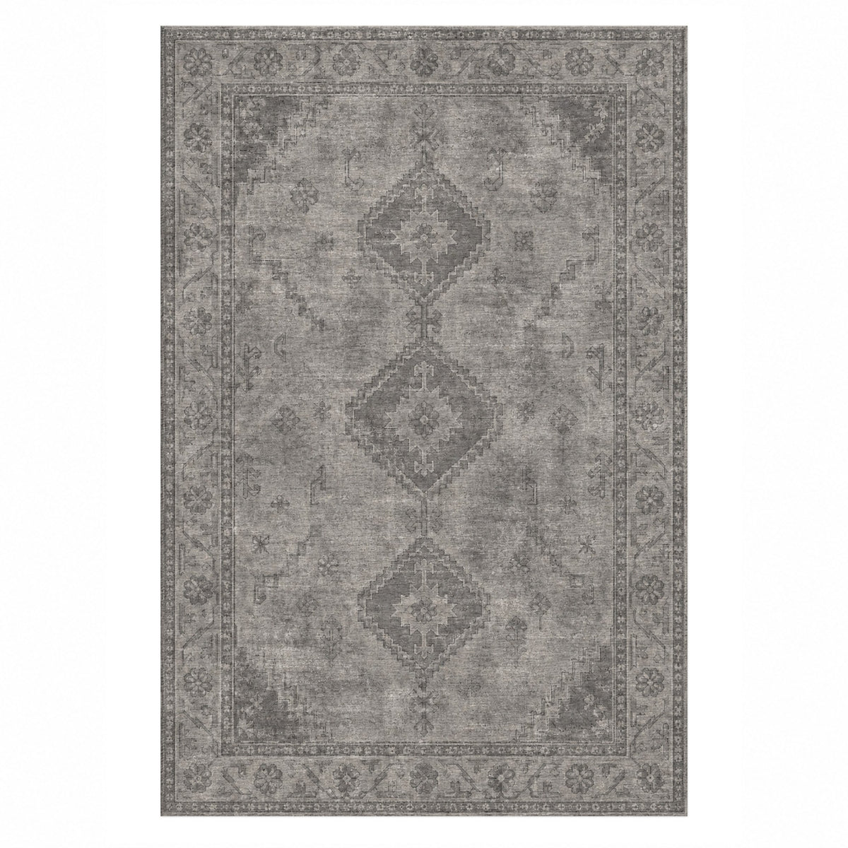 Shiraz Echo Charcoal Silver Vintage Washable Rug — top view