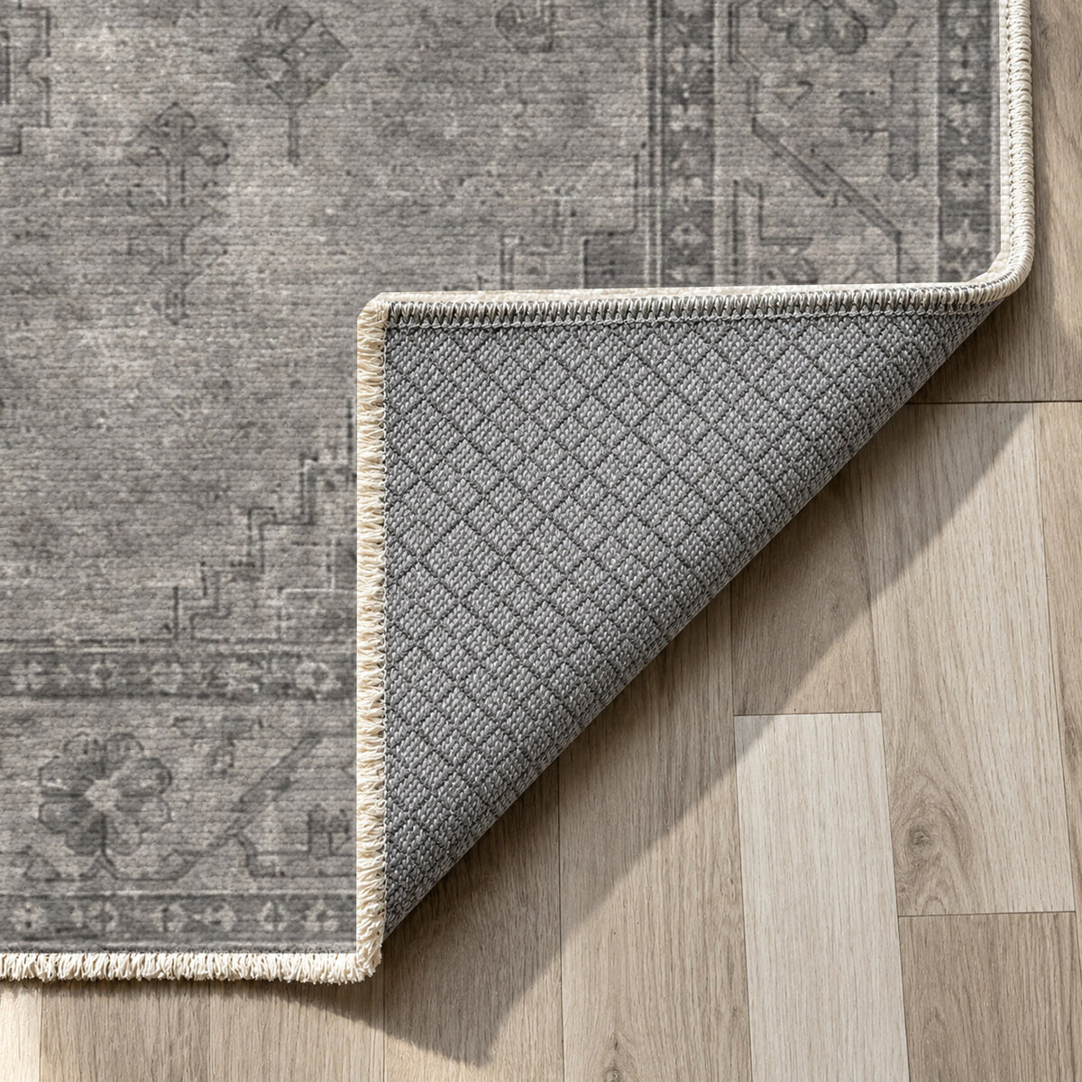 Shiraz Echo Charcoal Silver Vintage Washable Rug — backing close up