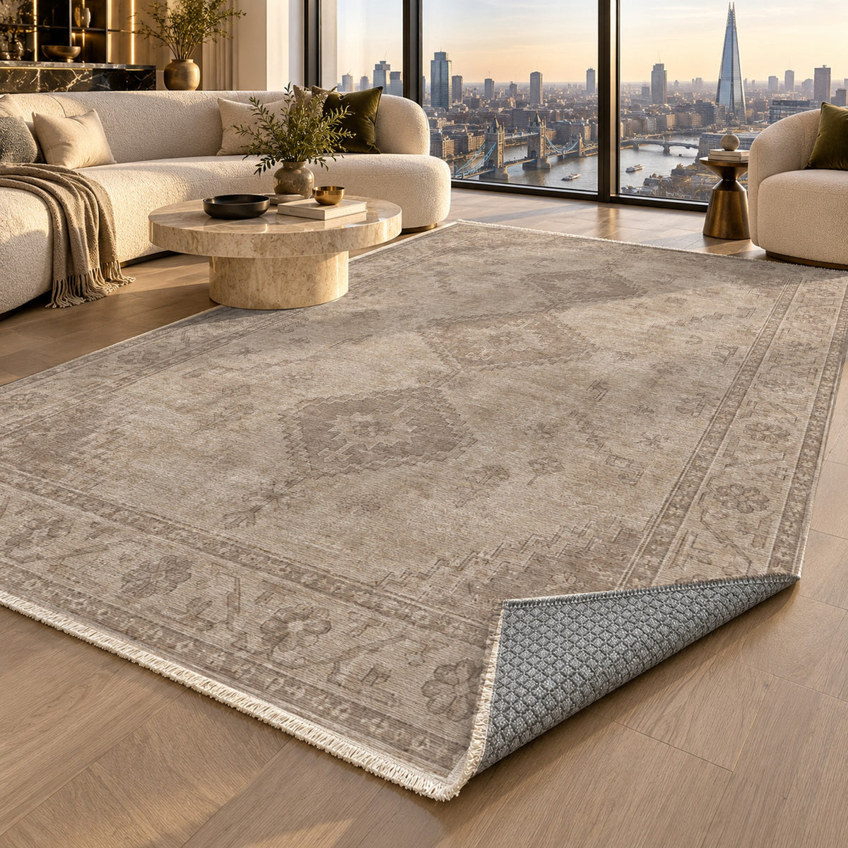 Shiraz Echo Ivory Taupe Vintage Washable Rug — london luxury living
