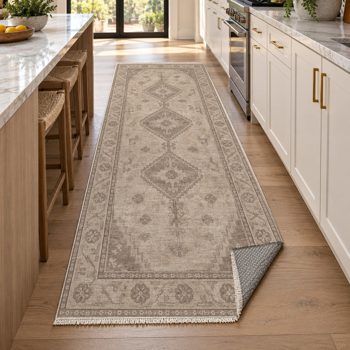 Shiraz Echo Ivory Taupe Vintage Washable Rug — new york kitchen runner