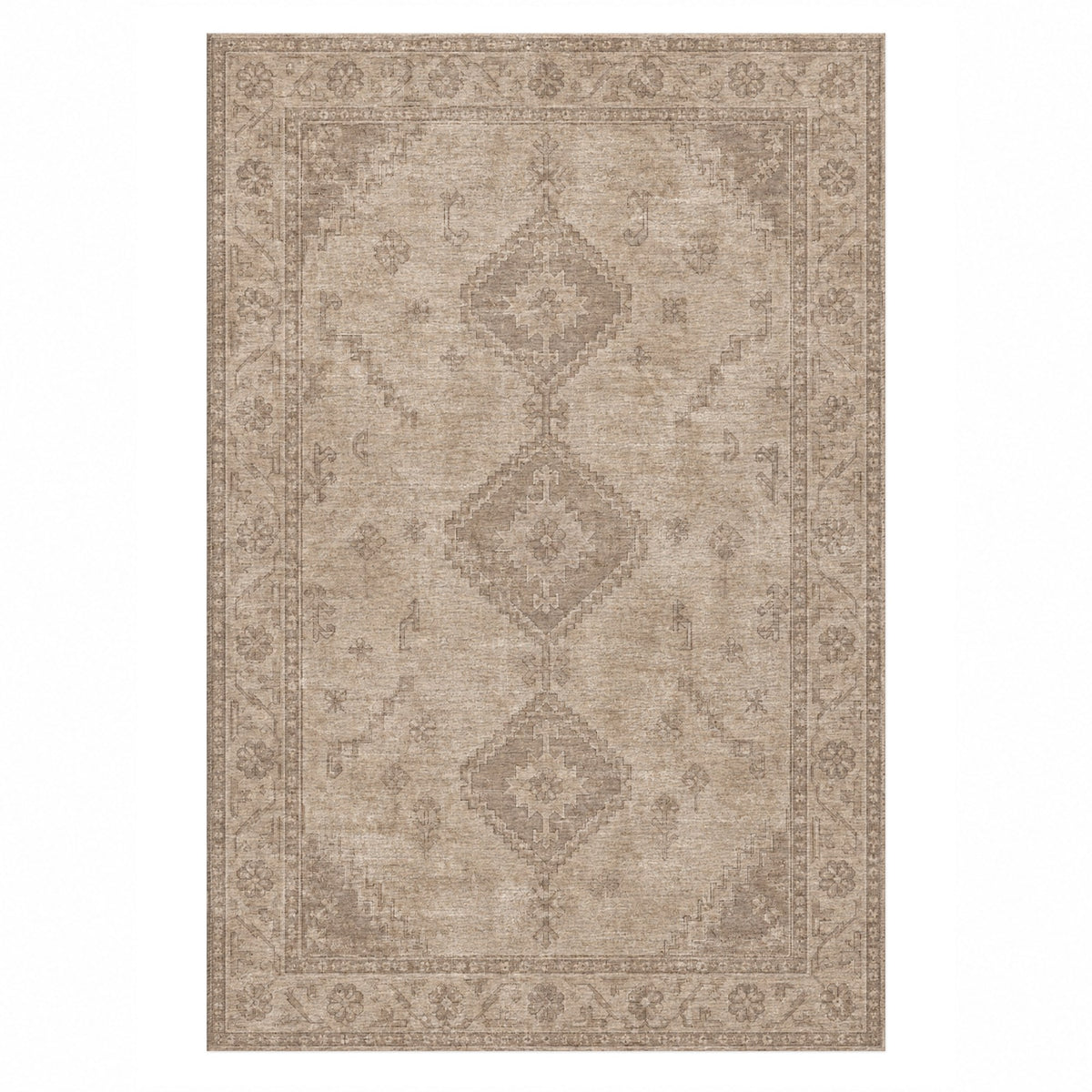 Shiraz Echo Ivory Taupe Vintage Washable Rug — top view