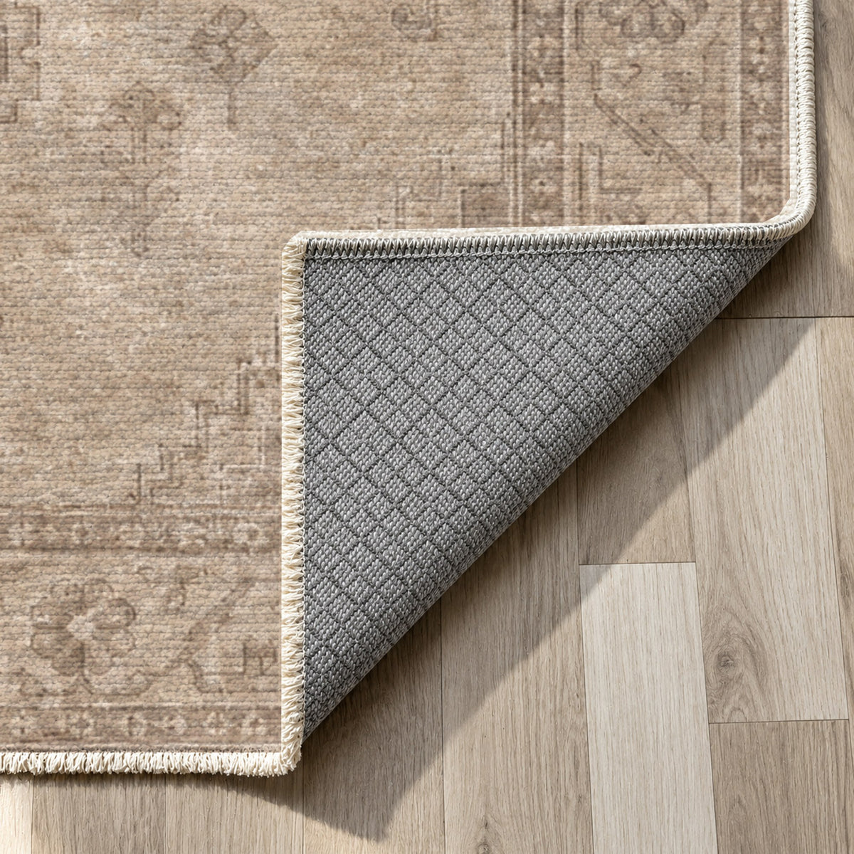 Shiraz Echo Ivory Taupe Vintage Washable Rug — backing close up