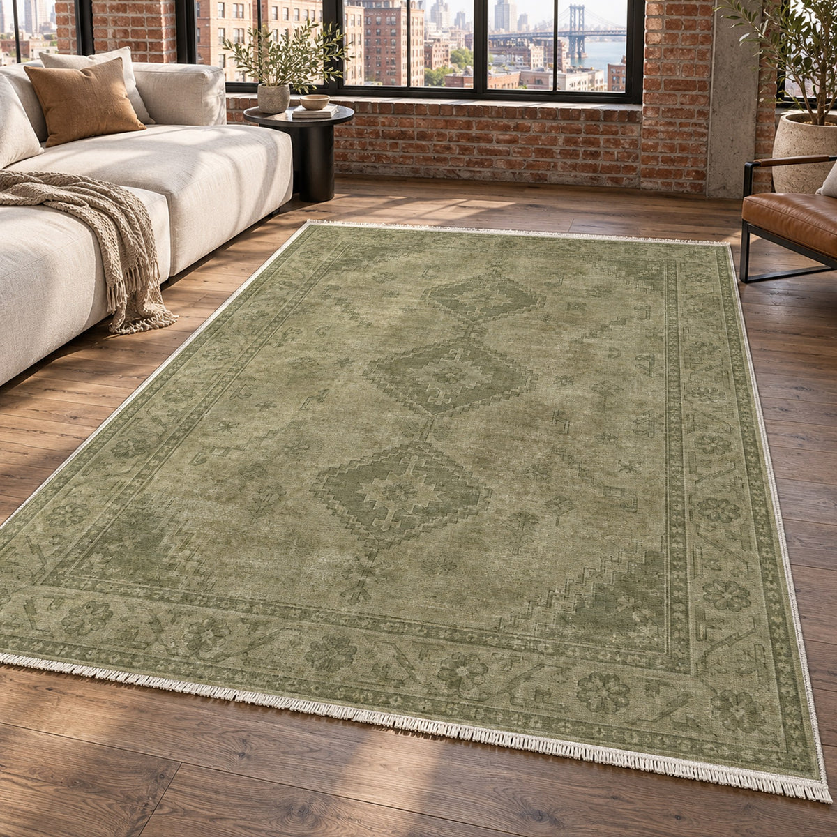 Shiraz Echo Olive Green Vintage Washable Rug — new york living