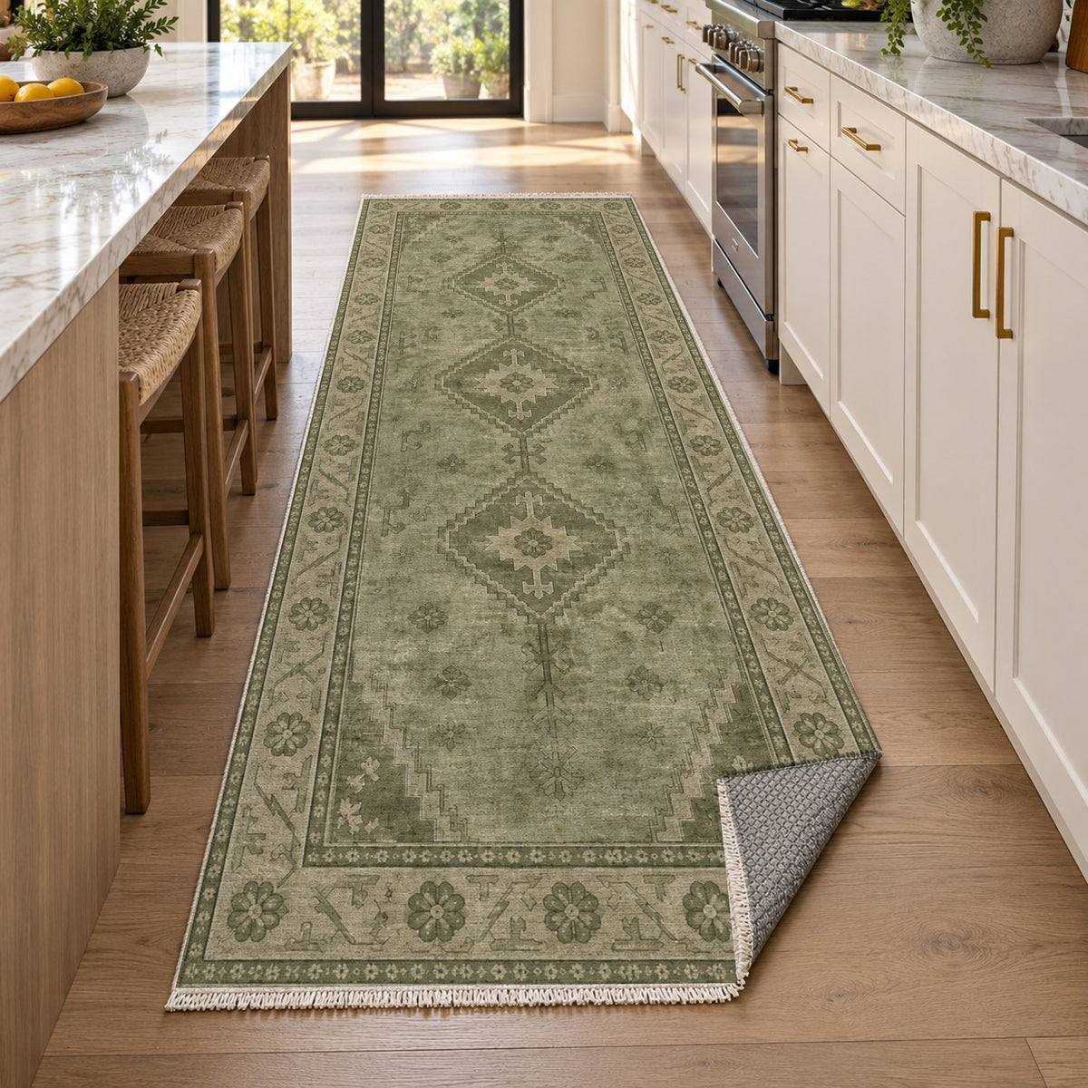 Shiraz Echo Olive Green Vintage Washable Rug — new york kitchen runner