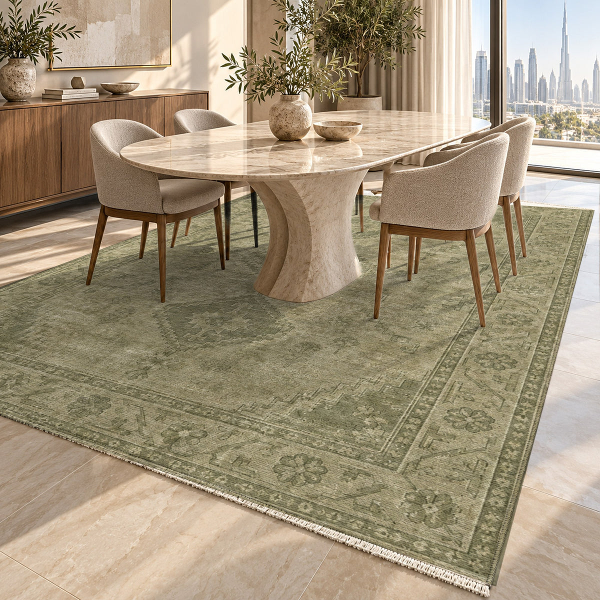 Shiraz Echo Olive Green Vintage Washable Rug — dubai dining
