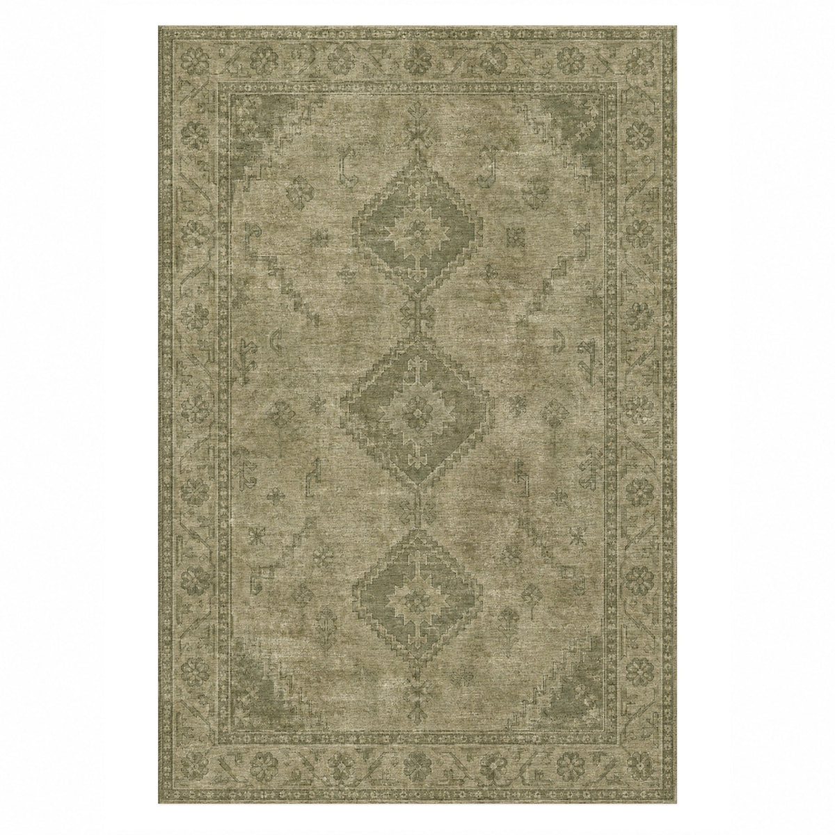 Shiraz Echo Olive Green Vintage Washable Rug — top view