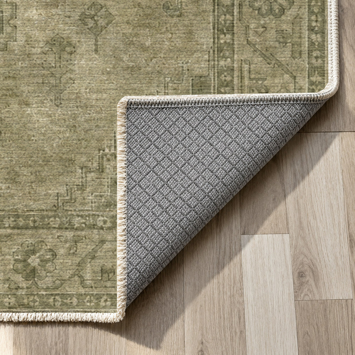 Shiraz Echo Olive Green Vintage Washable Rug — backing close up