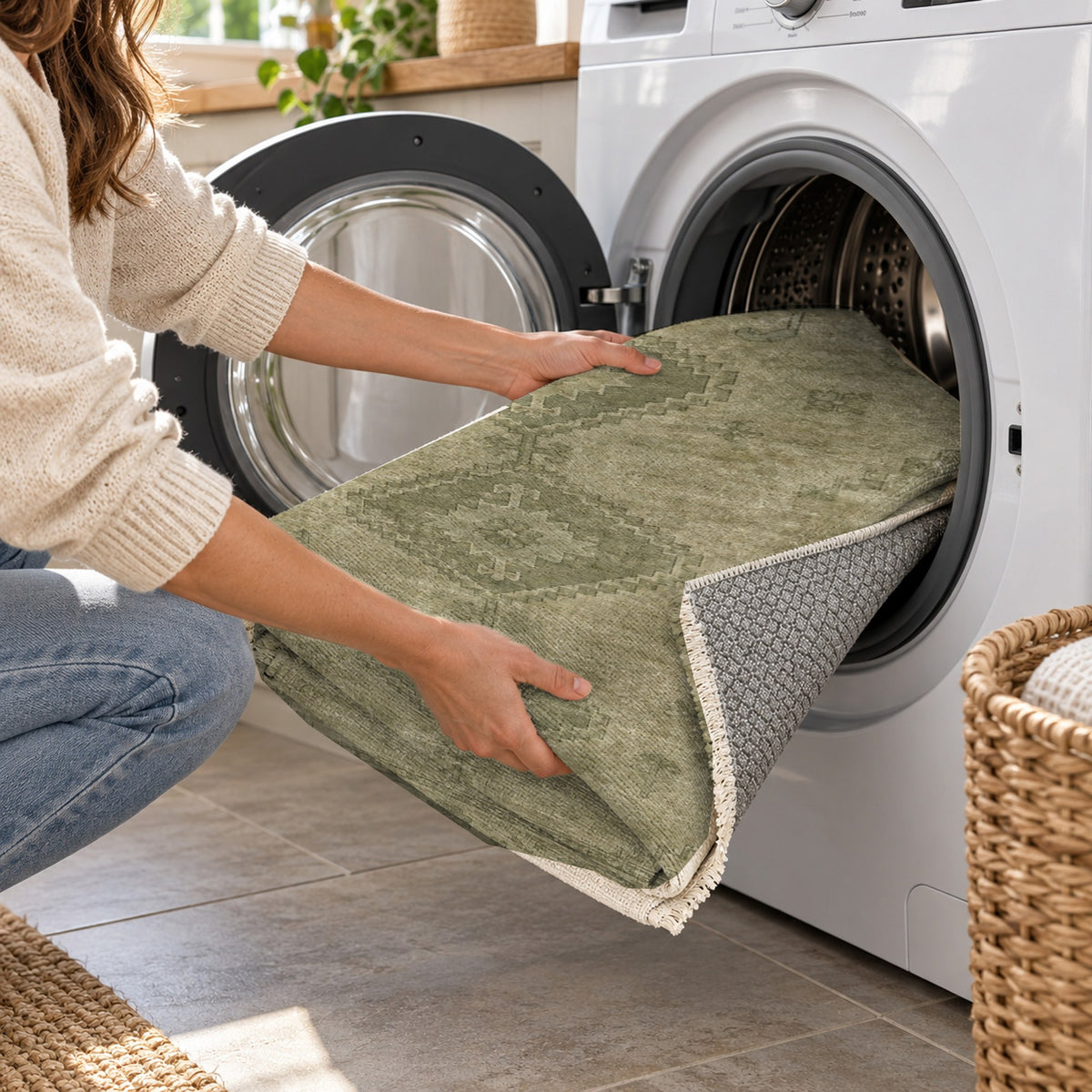 Shiraz Echo Olive Green Vintage Washable Rug — washing machine
