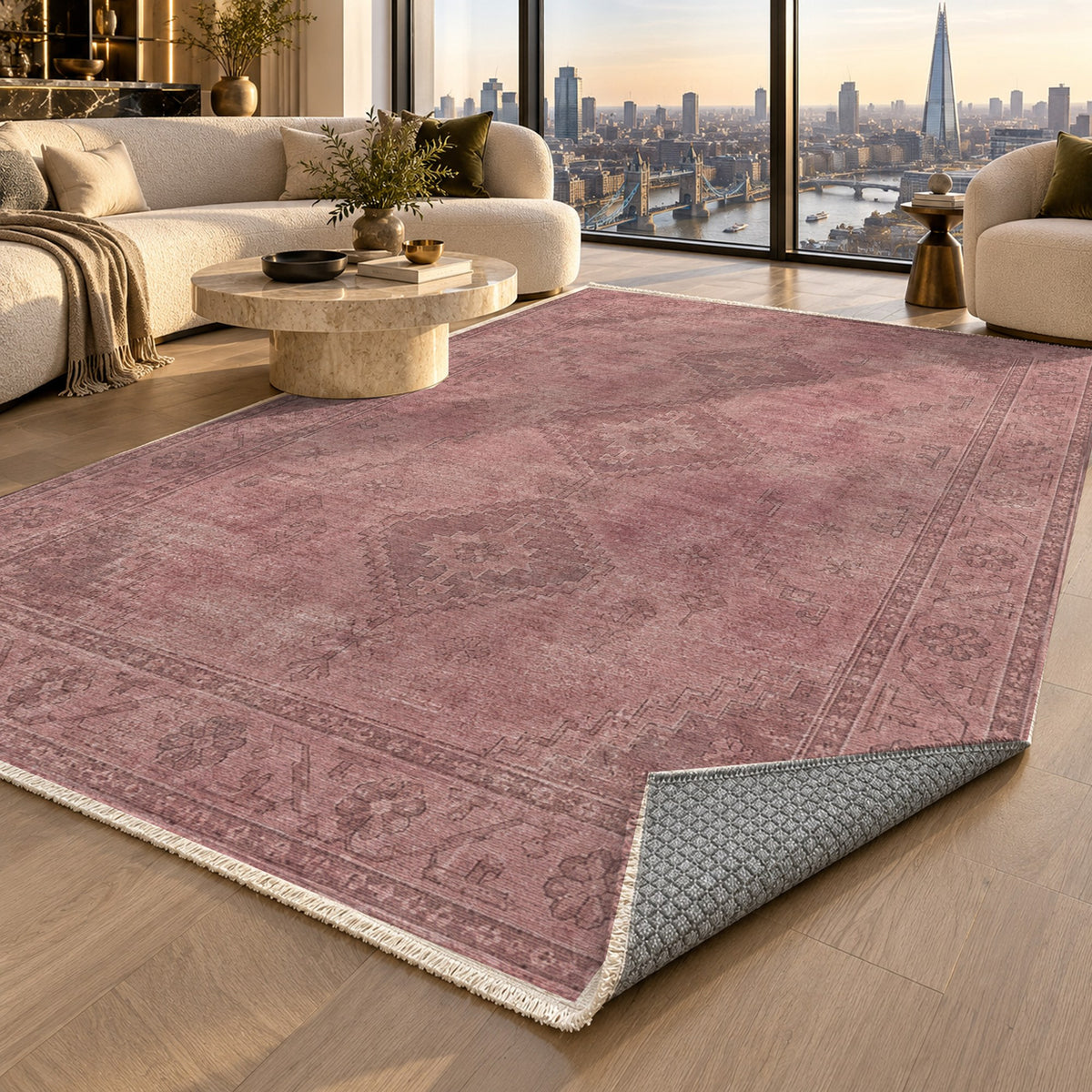 Shiraz Echo Rose Pink Vintage Washable Rug — london luxury living