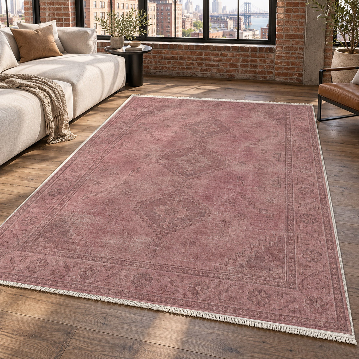 Shiraz Echo Rose Pink Vintage Washable Rug — new york living