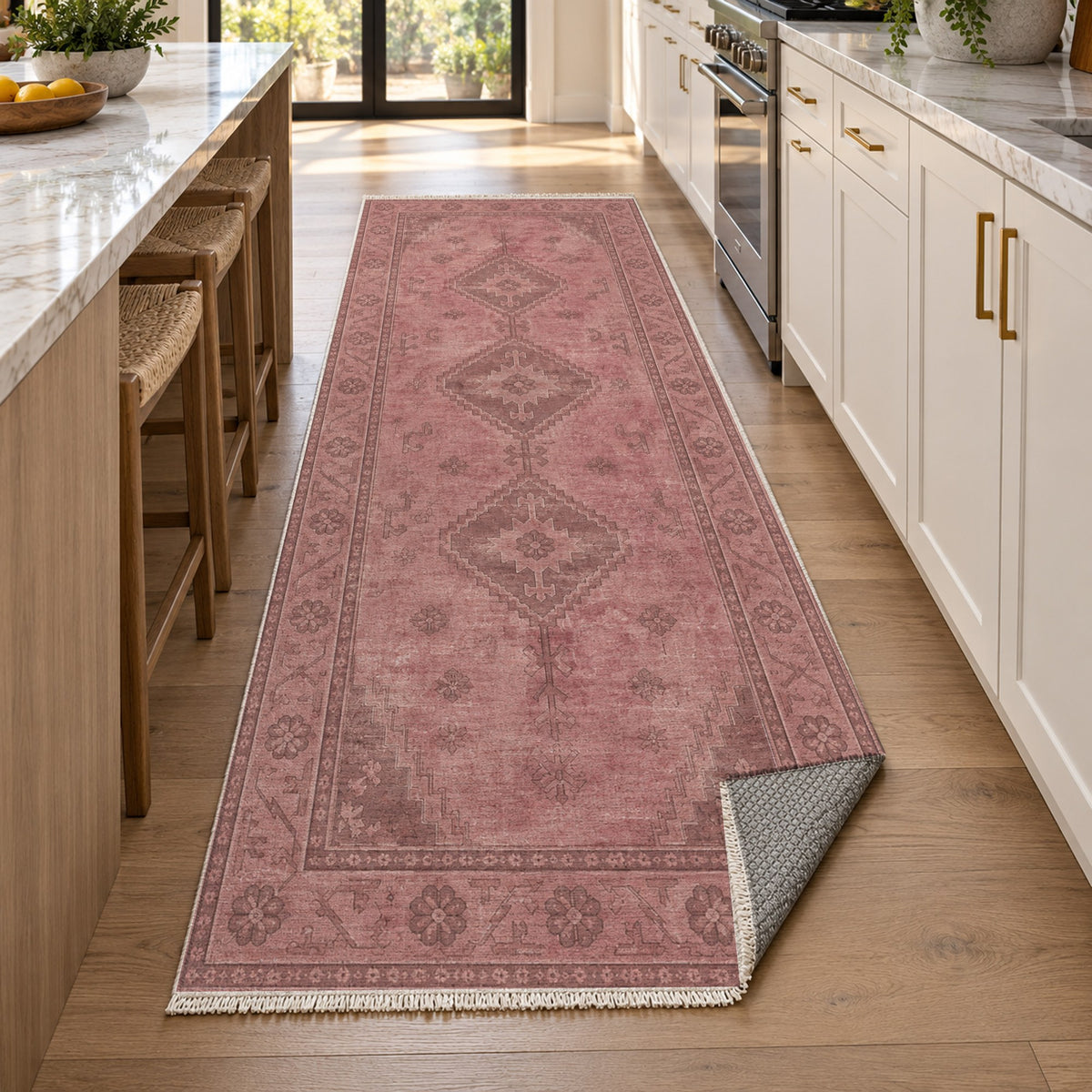 Shiraz Echo Rose Pink Vintage Washable Rug — new york kitchen runner