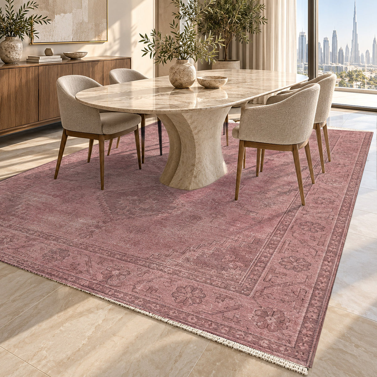 Shiraz Echo Rose Pink Vintage Washable Rug — dubai dining
