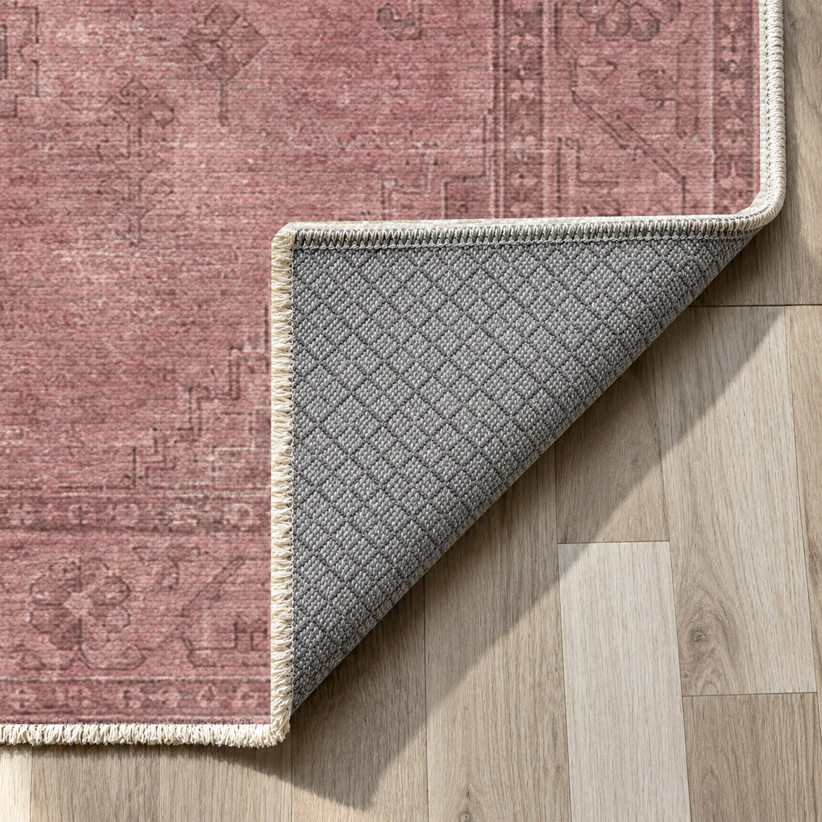 Shiraz Echo Rose Pink Vintage Washable Rug — backing close up