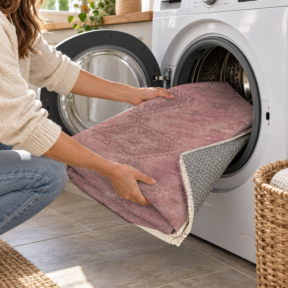 Shiraz Echo Rose Pink Vintage Washable Rug — washing machine
