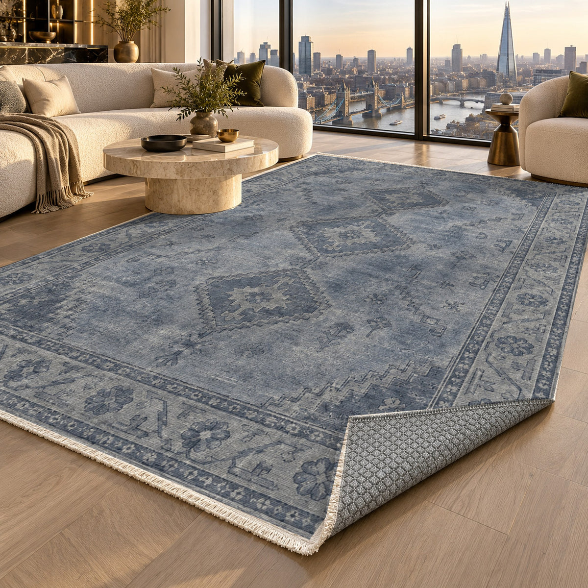 Shiraz Echo Slate Blue Vintage Washable Rug — london luxury living