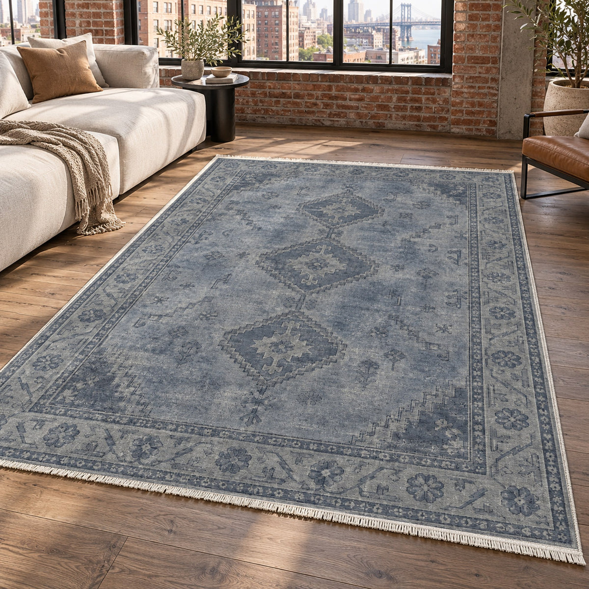 Shiraz Echo Slate Blue Vintage Washable Rug — new york living