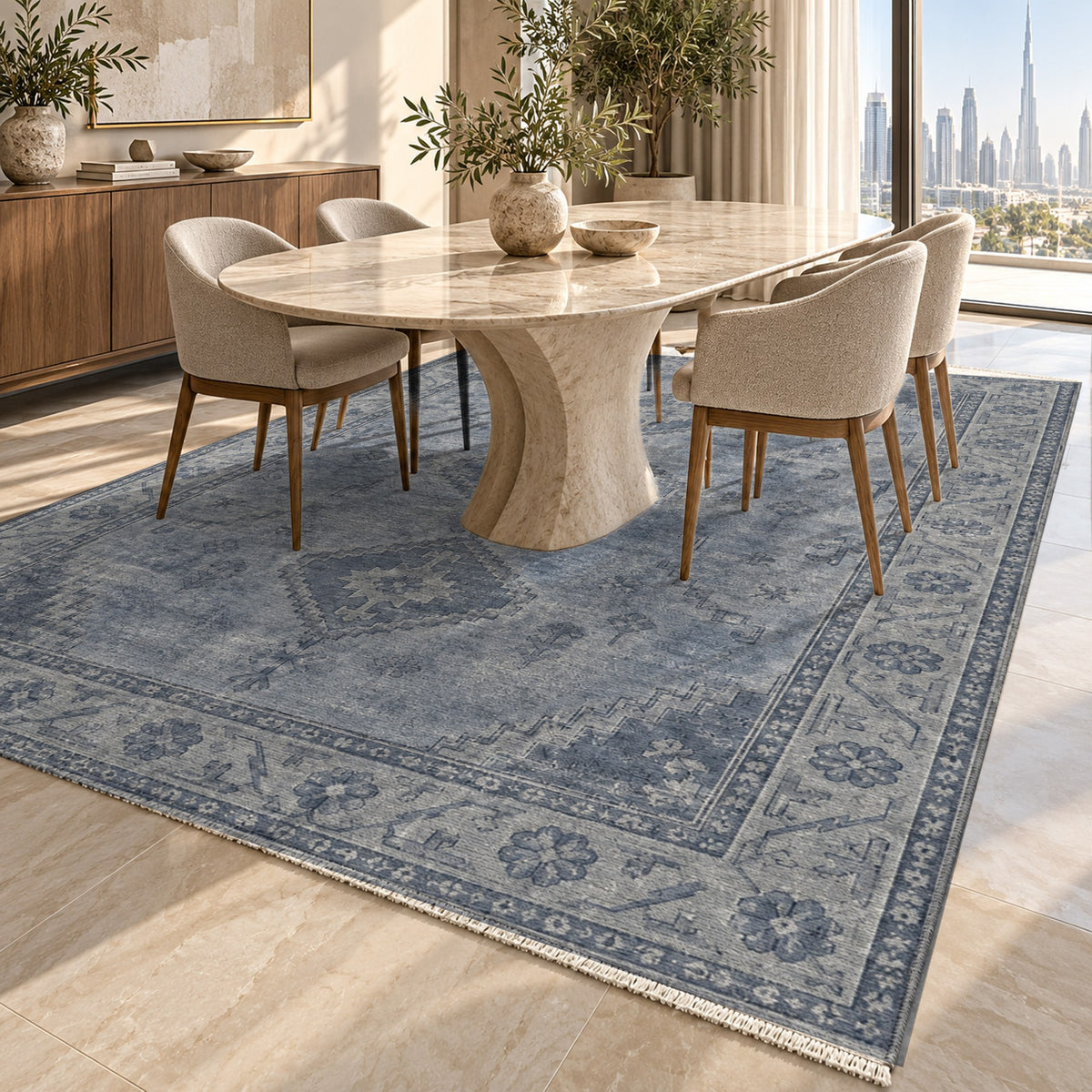 Shiraz Echo Slate Blue Vintage Washable Rug — dubai dining