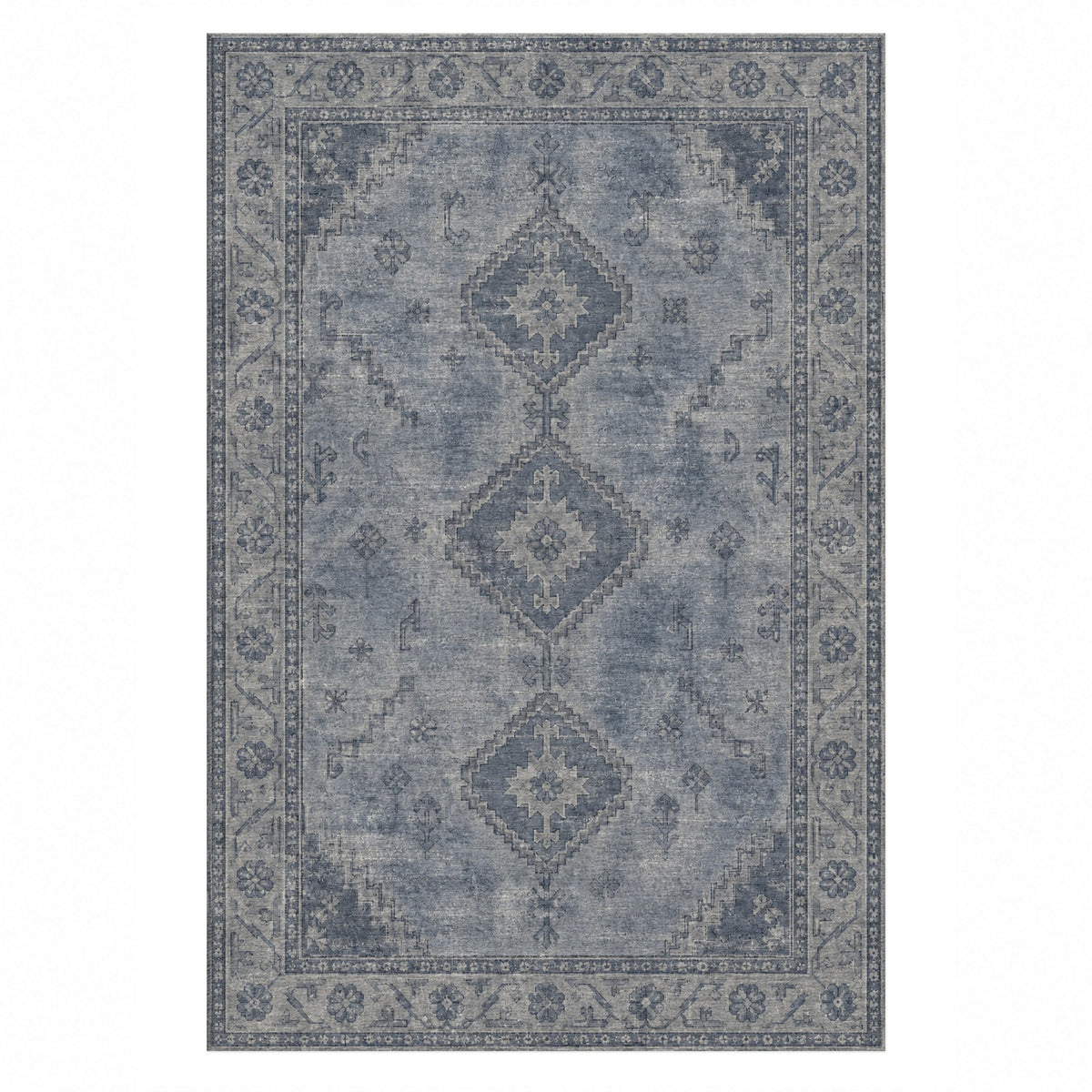Shiraz Echo Slate Blue Vintage Washable Rug — top view