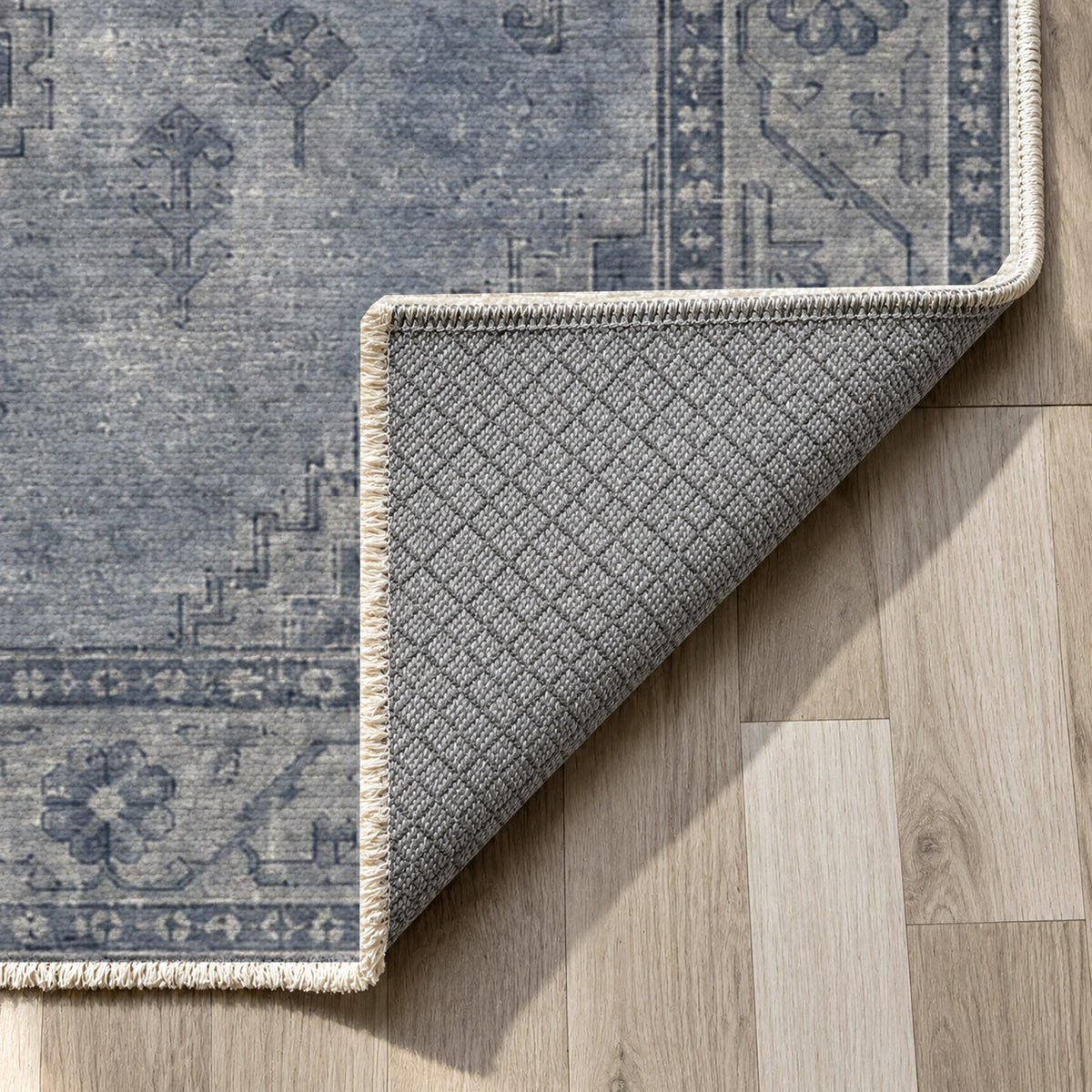 Shiraz Echo Slate Blue Vintage Washable Rug — backing close up