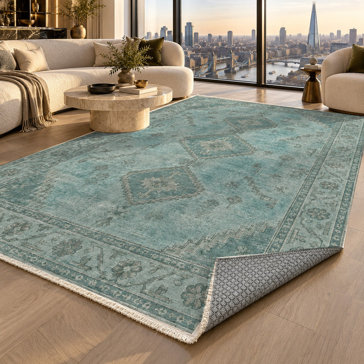 Shiraz Echo Turquoise Blue Vintage Washable Rug — london luxury living