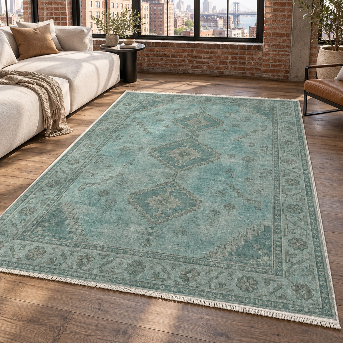Shiraz Echo Turquoise Blue Vintage Washable Rug — new york living