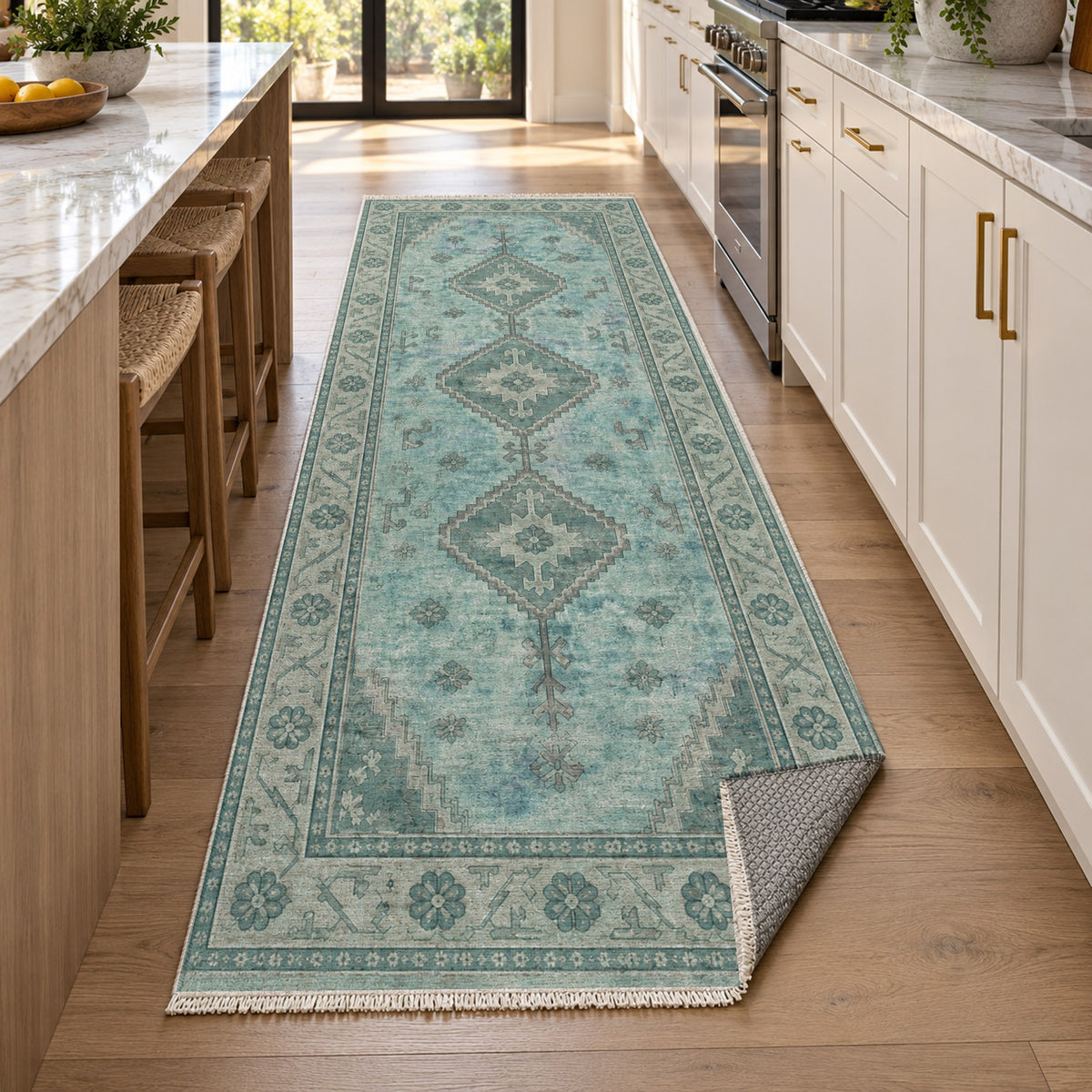 Shiraz Echo Turquoise Blue Vintage Washable Rug — new york kitchen runner