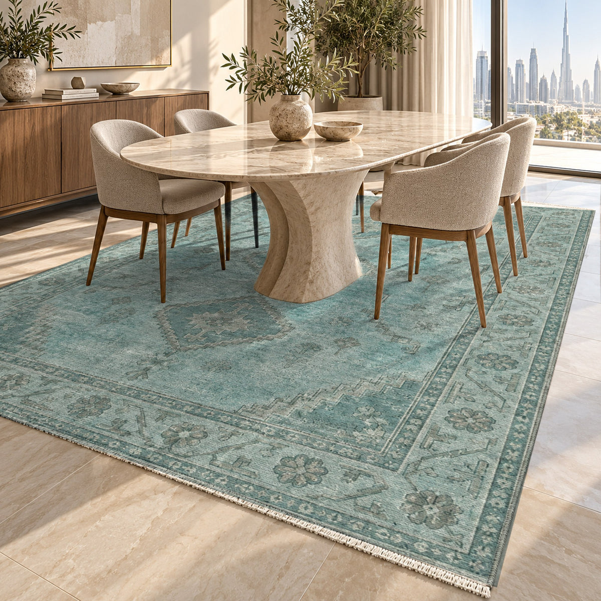 Shiraz Echo Turquoise Blue Vintage Washable Rug — dubai dining
