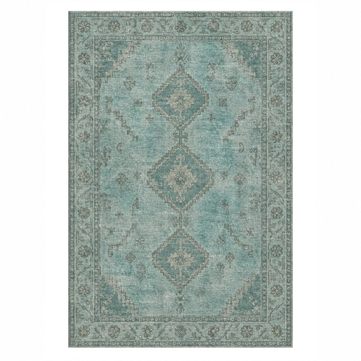 Shiraz Echo Turquoise Blue Vintage Washable Rug — top view