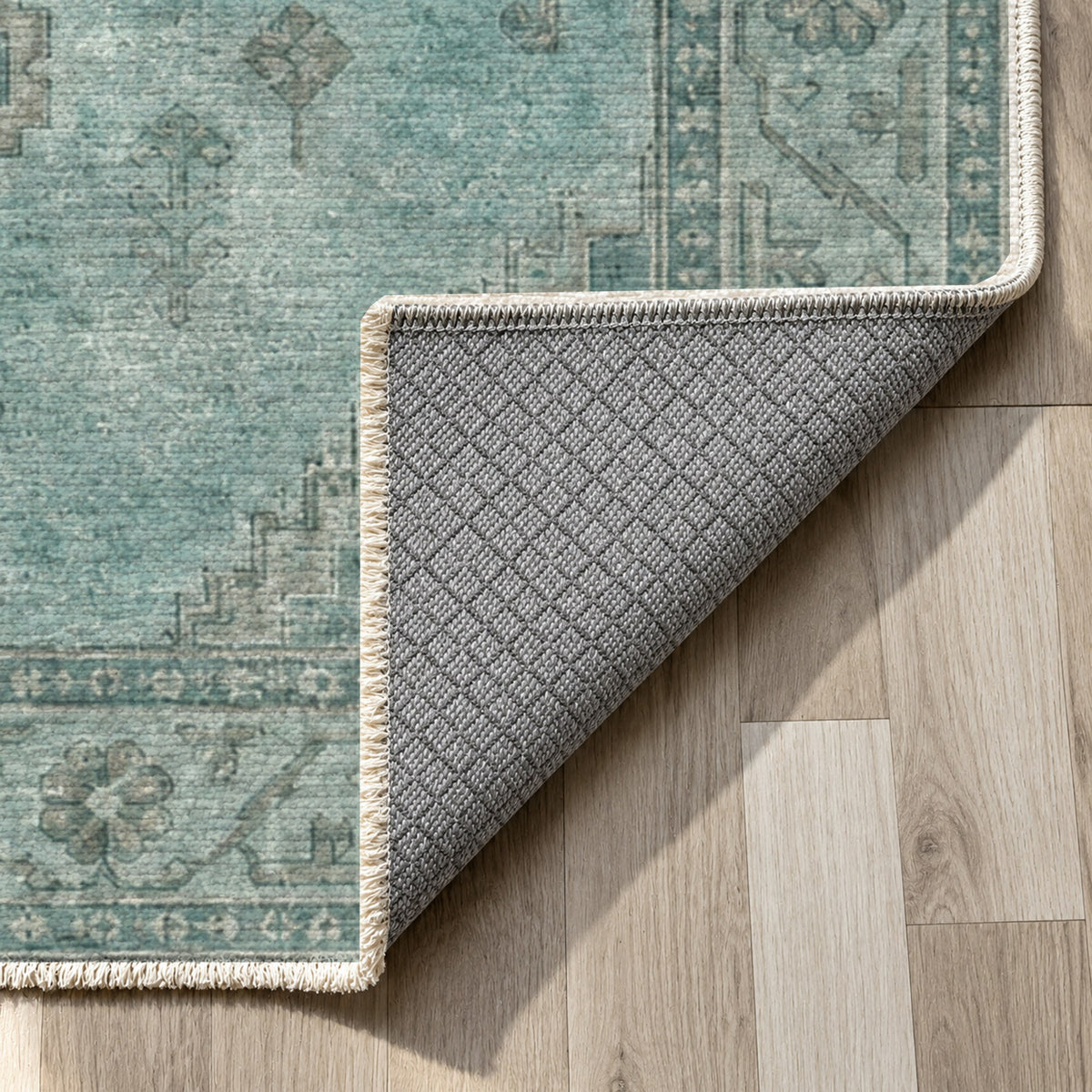 Shiraz Echo Turquoise Blue Vintage Washable Rug — backing close up