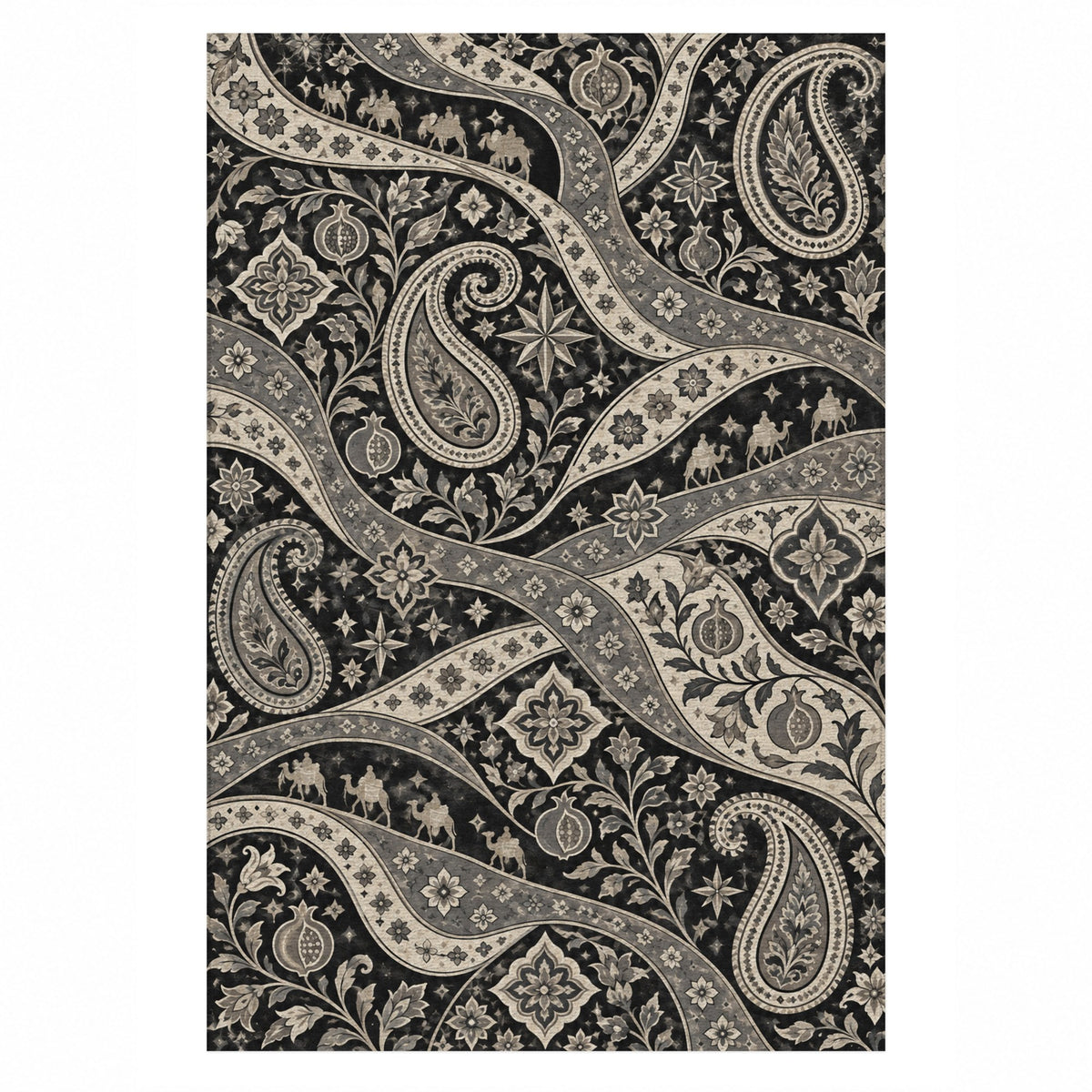 Silk Road Charcoal Ethnic Washable Rug — top view