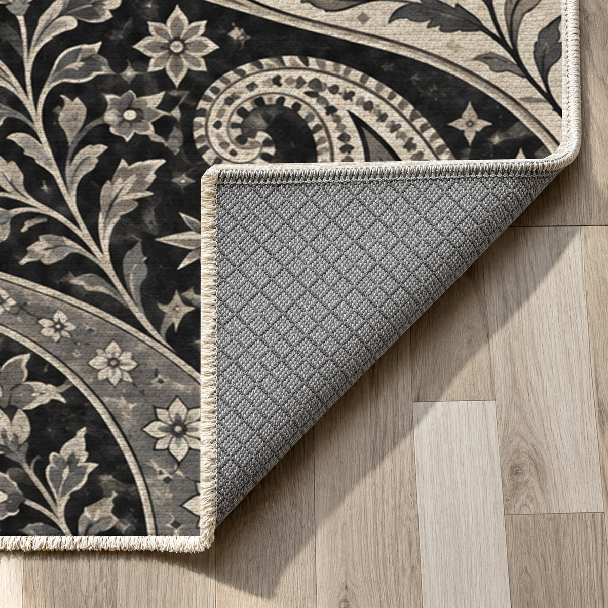 Silk Road Charcoal Ethnic Washable Rug — backing close up