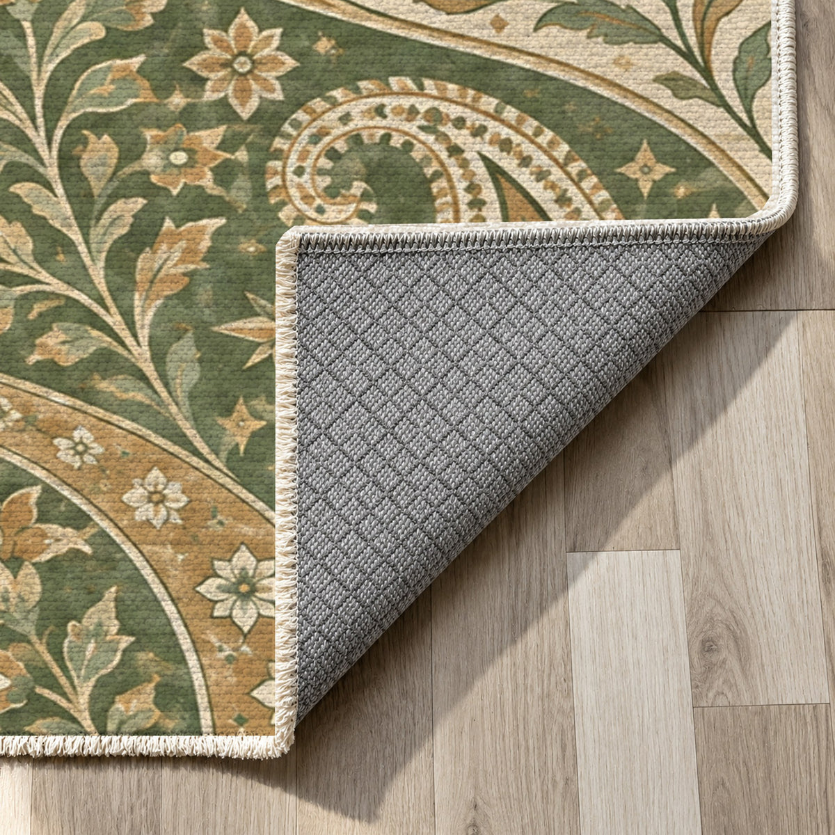 Silk Road Sage Ethnic Washable Rug — backing close up