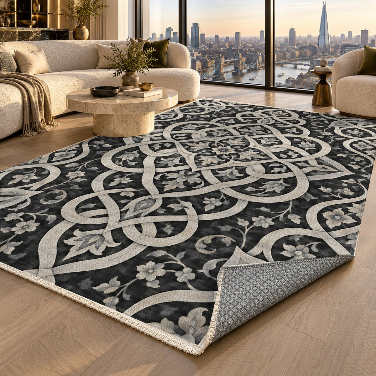 Silken Knots Charcoal Ethnic Washable Rug — london luxury living