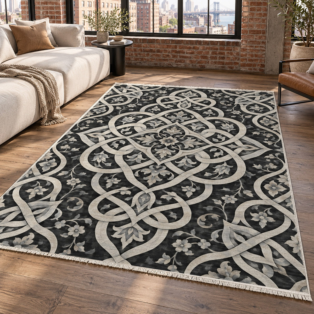 Silken Knots Charcoal Ethnic Washable Rug — new york living