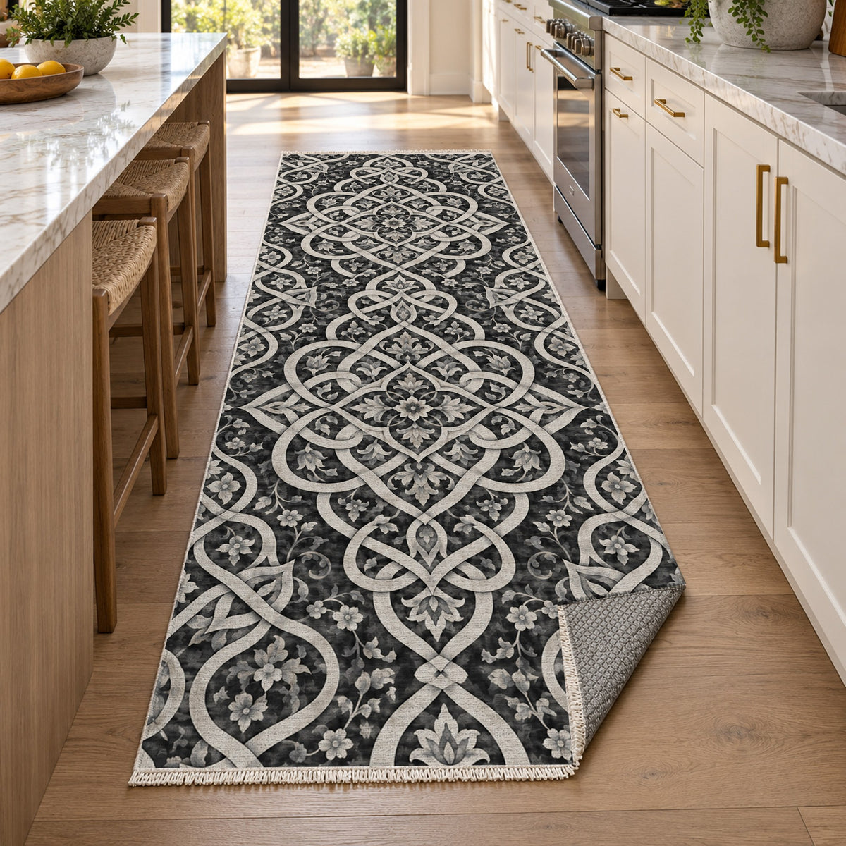 Silken Knots Charcoal Ethnic Washable Rug — new york kitchen runner