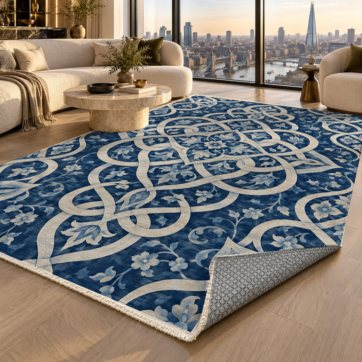 Silken Knots Indigo Ethnic Washable Rug — london luxury living