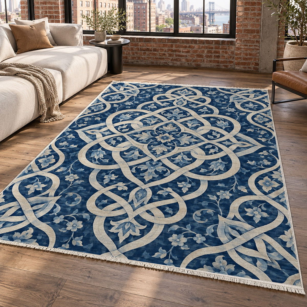 Silken Knots Indigo Ethnic Washable Rug — new york living