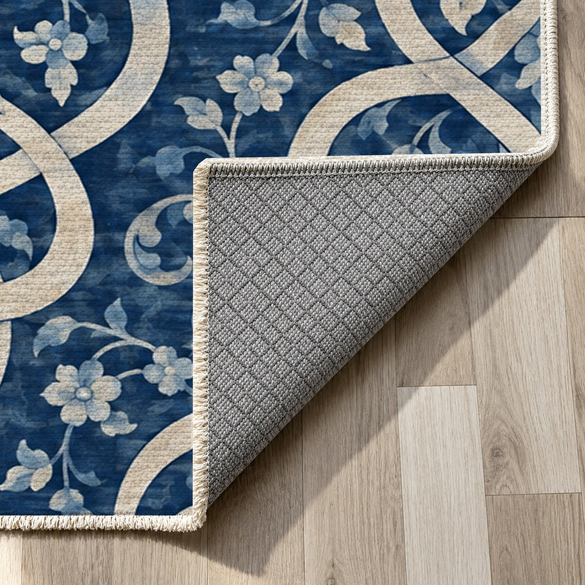 Silken Knots Indigo Ethnic Washable Rug — backing close up