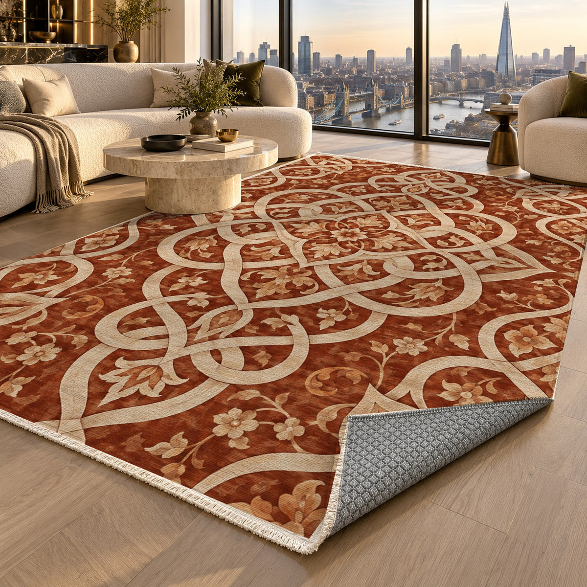 Silken Knots Terracotta Ethnic Washable Rug — london luxury living
